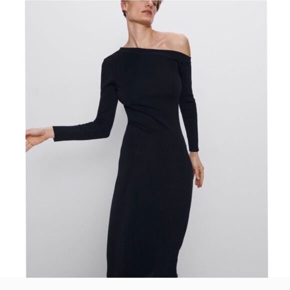 Zara Dresses & Skirts - Zara Assymetric Midi Black Dress Size S
